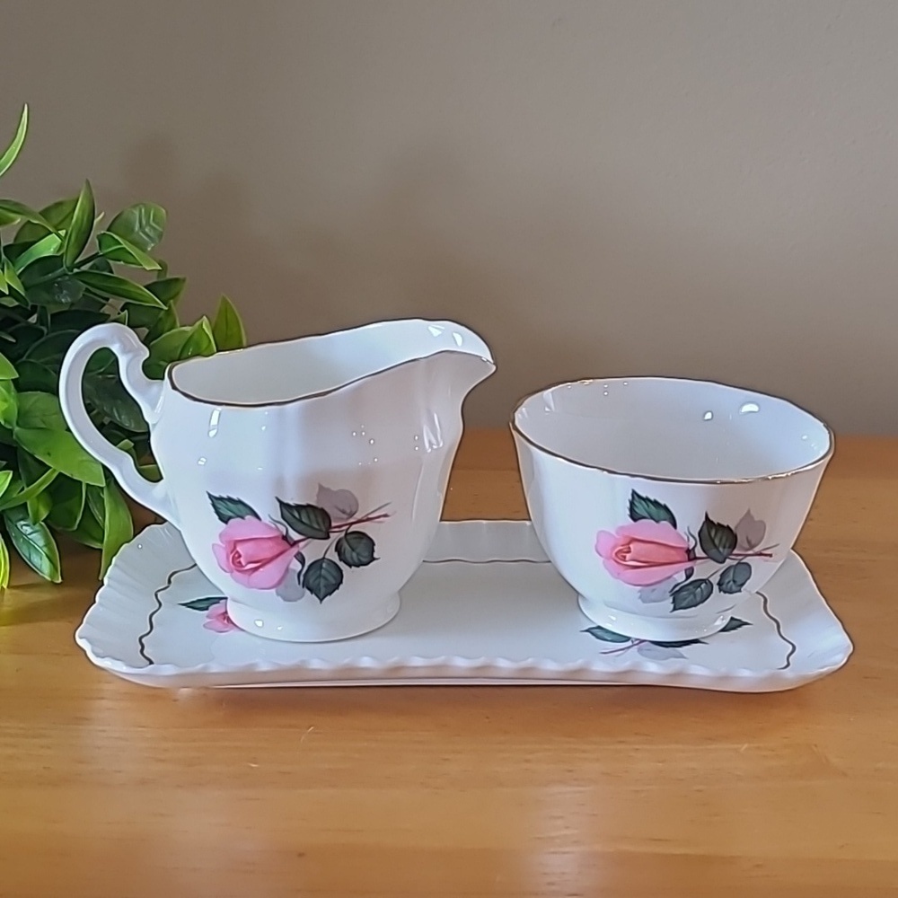 ADDERLEY Vintage Pink Rose Floral Pattern Petite Creamer, Open Sugar & Tray Set